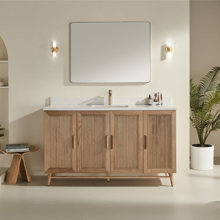 Sunflower - 60",Single Sink, Antique Oak , Floor Standing Bathroom Vanity, White Quartz Countertop ** PRE ORDER NOW/ ETA:2024-11-29 **