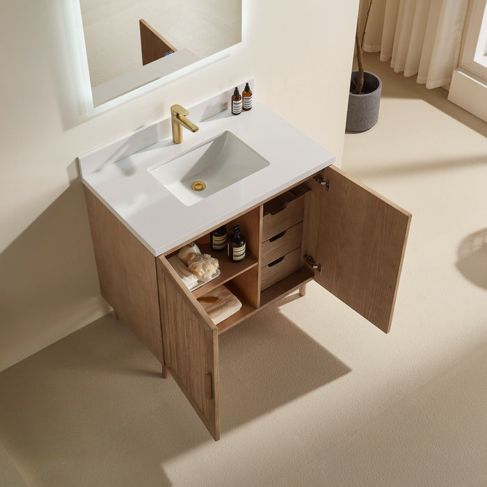 SUNFLOWER 36 Inch Solid Wood Floor Standing Bathroom Vanity with Quartz Countertop, Light Walnut