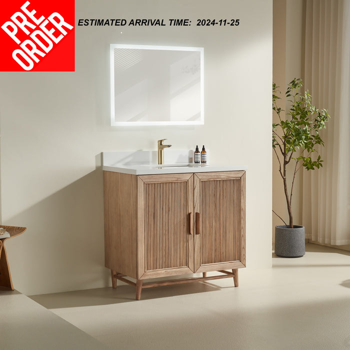 Sunflower- 36" Antique Oak , Floor Standing Modern Bathroom Vanity, White Quartz Countertop ** PRE ORDER NOW/ ETA:2024-11-25 **