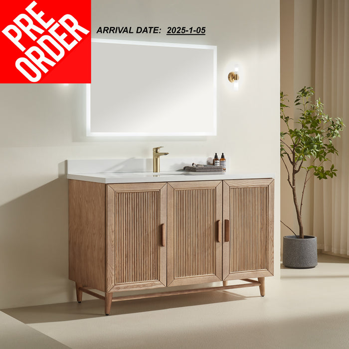 Sunflower - 54", Antique Oak , Floor Standing Bathroom Vanity, White Quartz Countertop ** PRE ORDER NOW, ARRIVAL DATE: 2025-01-05 **