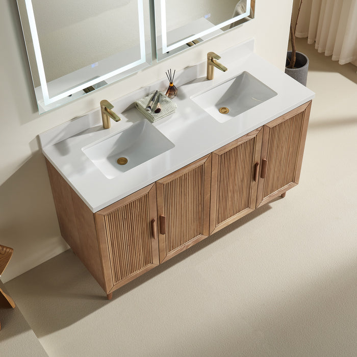 Sunflower - 60",Double Sink, Antique Oak , Floor Standing Bathroom Vanity,White Quartz Countertop