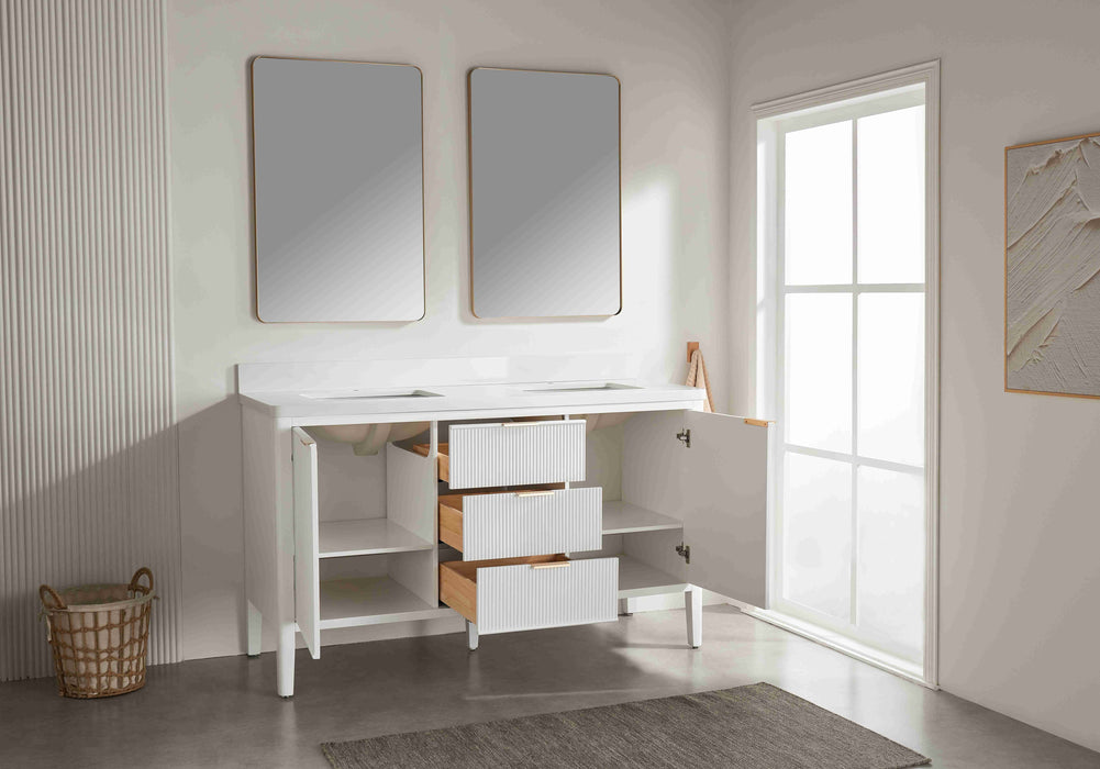 Aster - 60" Double Sink White , Solid Wood Floor Standing Modern Bathroom Vanity with White Quartz Top