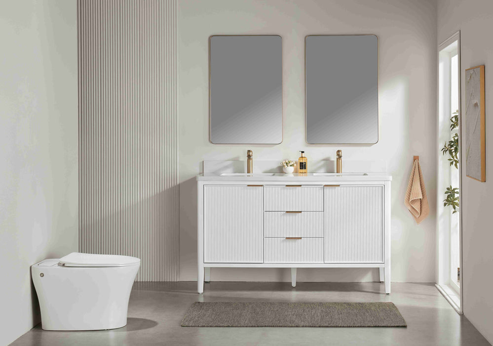 Aster - 60" Double Sink White , Solid Wood Floor Standing Modern Bathroom Vanity with White Quartz Top