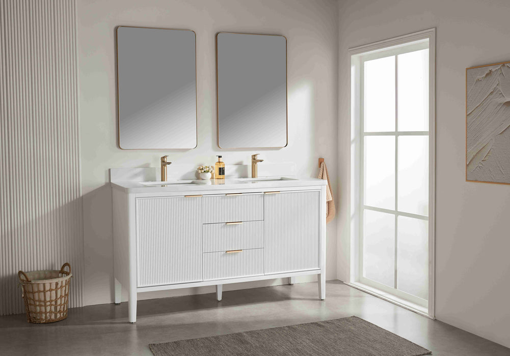 Aster - 60" Double Sink White , Solid Wood Floor Standing Modern Bathroom Vanity with White Quartz Top