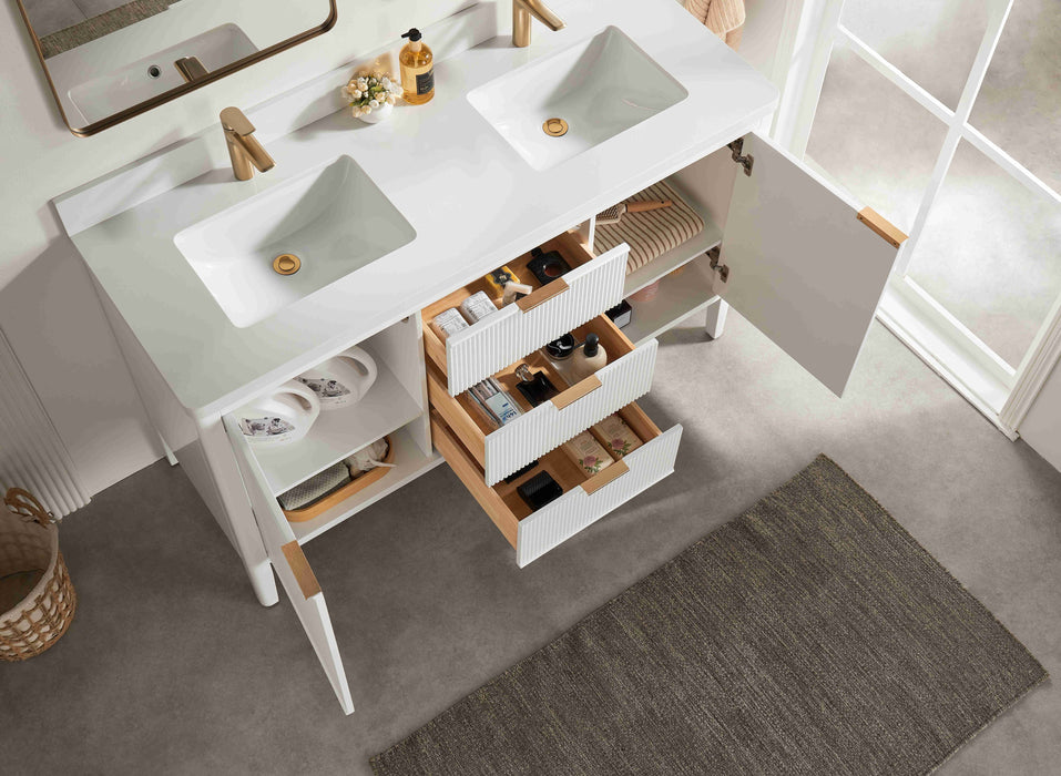 Aster - 60" Double Sink White , Solid Wood Floor Standing Modern Bathroom Vanity with White Quartz Top