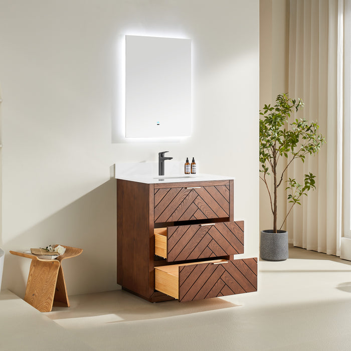 Tulip80 - 30" Walnut , Floor Standing Modern Bathroom Vanity with White Quartz Top "" PRE ORDER NOW ""