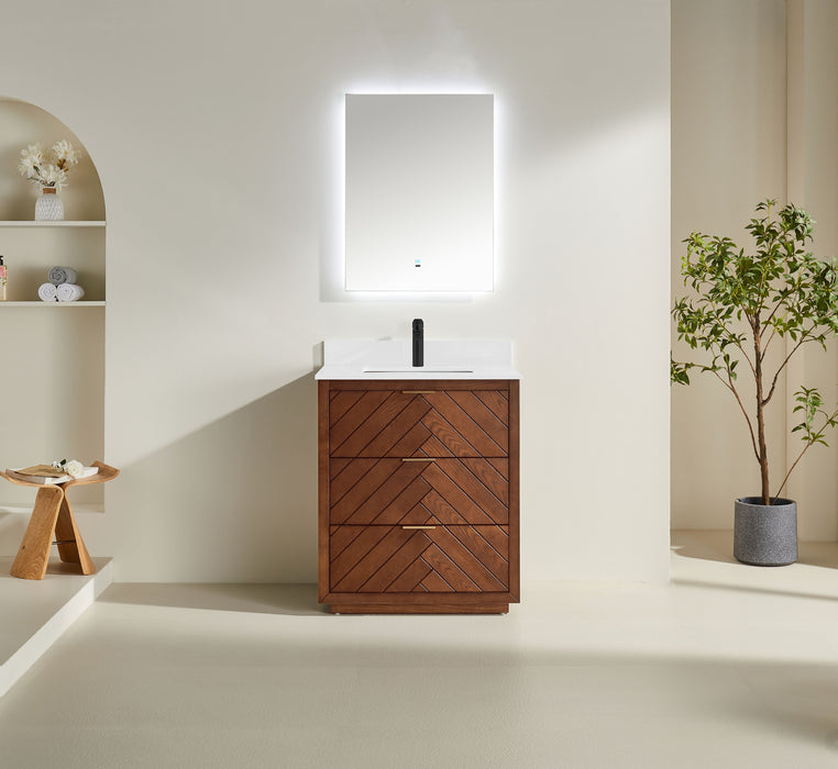 Tulip - 30" Walnut , Floor Standing Modern Bathroom Vanity with White Quartz Top