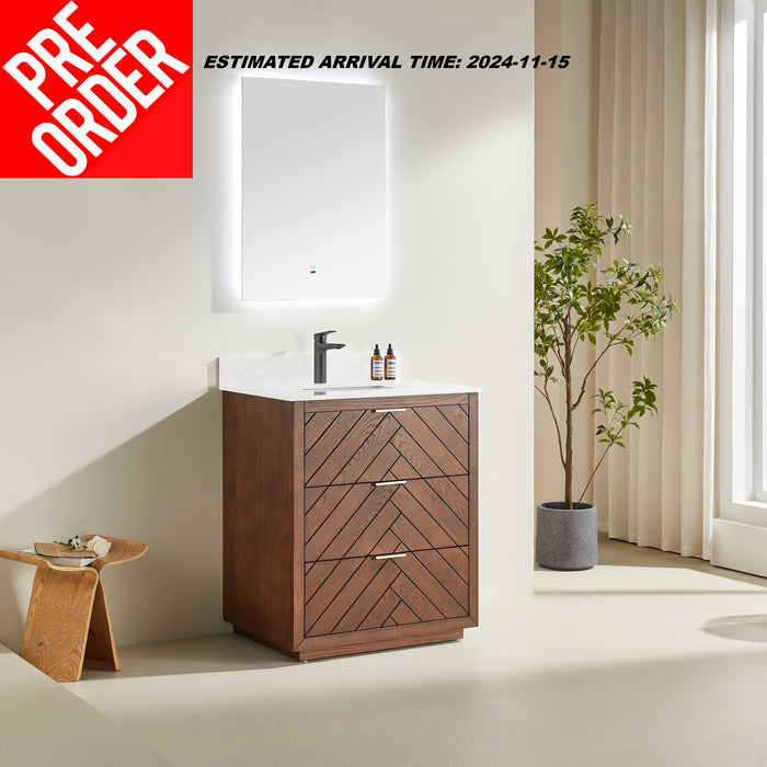 Tulip - 30" Walnut , Floor Standing Modern Bathroom Vanity with White Quartz Top** PRE ORDER NOW/ ETA:2024-11-29 **