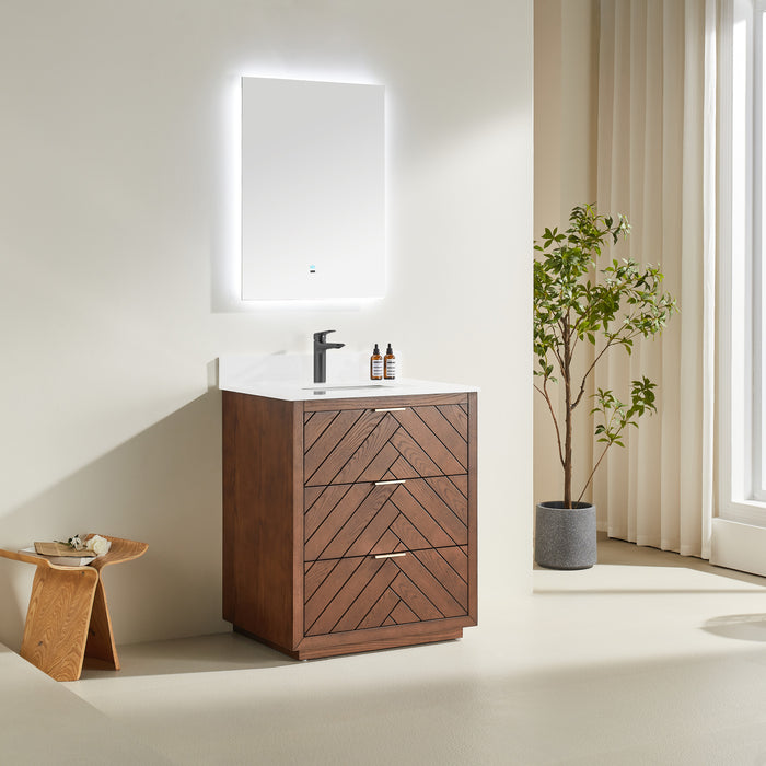 Tulip - 30" Walnut , Floor Standing Modern Bathroom Vanity with White Quartz Top