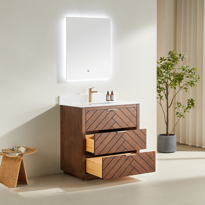 Tulip - 36" Walnut , Floor Standing Modern Bathroom Vanity with White Quartz Top** PRE ORDER NOW/ ETA:2024-11-29 **