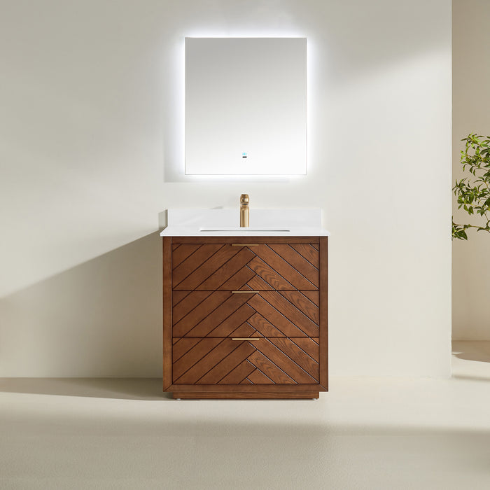 Tulip - 36" Walnut , Floor Standing Modern Bathroom Vanity with White Quartz Top** PRE ORDER NOW/ ETA:2024-11-29 **