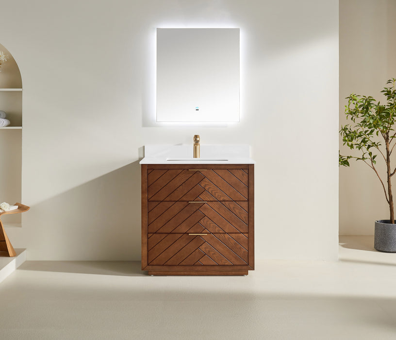 Tulip - 36" Walnut , Floor Standing Modern Bathroom Vanity with White Quartz Top** PRE ORDER NOW/ ETA:2024-11-29 **