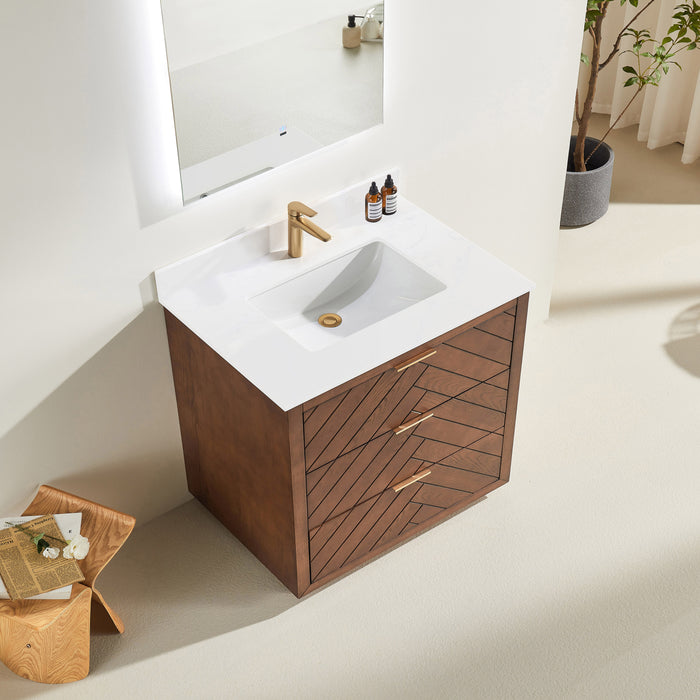 Tulip - 36" Walnut , Floor Standing Modern Bathroom Vanity with White Quartz Top** PRE ORDER NOW/ ETA:2024-11-29 **