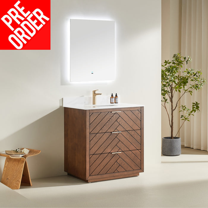 Tulip - 36" Walnut , Floor Standing Modern Bathroom Vanity with White Quartz Top** PRE ORDER NOW/ ETA:2024-11-29 **