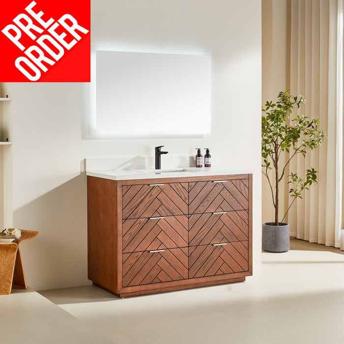 Tulip - 48" Walnut , Floor Standing Modern Bathroom Vanity, White Quartz Countertop** PRE ORDER NOW/ ETA:2024-11-29 **