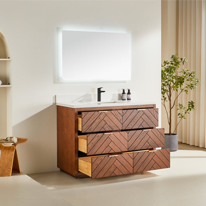TULIP - 48" Walnut , Floor Standing Modern Bathroom Vanity, White Quartz Countertop