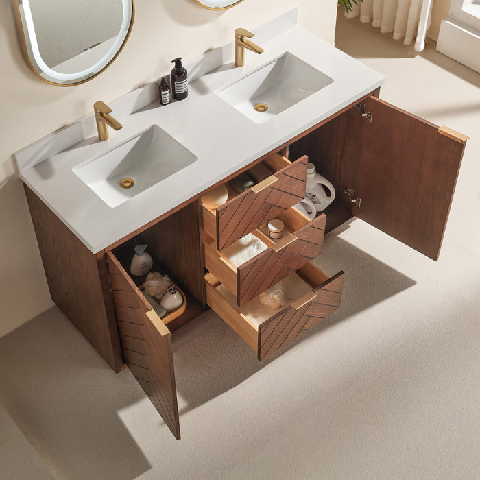 Tulip - 60" Walnut ,Double Sink Floor Standing Modern Bathroom Vanity, White Quartz Countertop ** PRE ORDER NOW/ ETA:2024-11-29 **