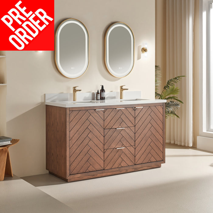 Tulip - 60" Walnut ,Double Sink Floor Standing Modern Bathroom Vanity, White Quartz Countertop ** PRE ORDER NOW/ ETA:2024-11-29 **