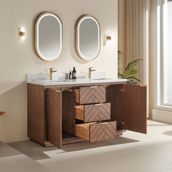 Tulip - 60" Walnut ,Double Sink Floor Standing Modern Bathroom Vanity, White Quartz Countertop ** PRE ORDER NOW/ ETA:2024-11-29 **