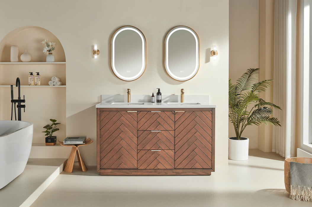 Tulip - 60" Walnut ,Double Sink Floor Standing Modern Bathroom Vanity, White Quartz Countertop ** PRE ORDER NOW/ ETA:2024-11-29 **