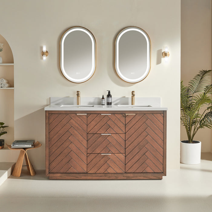 Tulip - 60" Walnut ,Double Sink Floor Standing Modern Bathroom Vanity, White Quartz Countertop ** PRE ORDER NOW/ ETA:2024-11-29 **