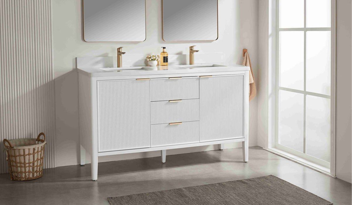 Aster - 60" Double Sink White , Solid Wood Floor Standing Modern Bathroom Vanity with White Quartz Top