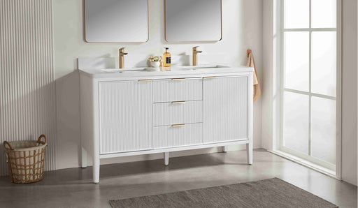 Aster - 60" Double Sink White , Solid Wood Floor Standing Modern Bathroom Vanity with White Quartz Top - Construction Commodities Supply Inc.