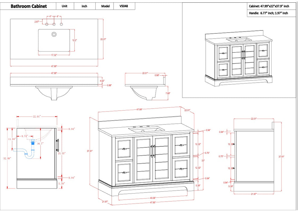 Modena , 48" Vintage Green Freestanding Bathroom Vanity with Stone Countertop