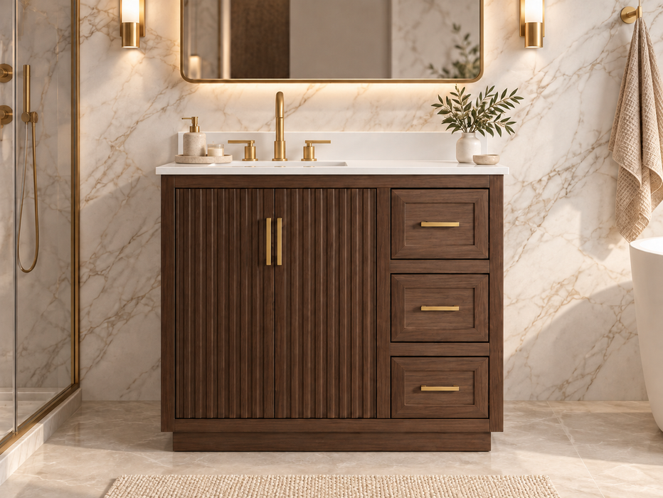 Violet- 36" Walnut , Solid Wood Floor Standing Modern Bathroom Vanity, Quartz Countertop