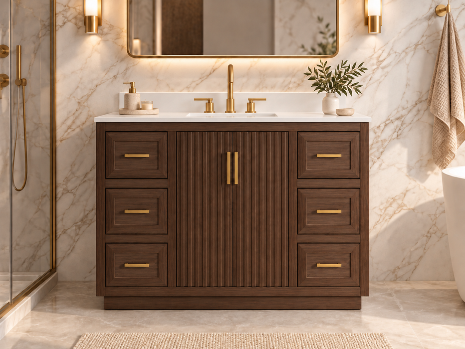 Violet - 48" Walnut , Solid Wood Floor Standing Bathroom Vanity, Quartz Countertop