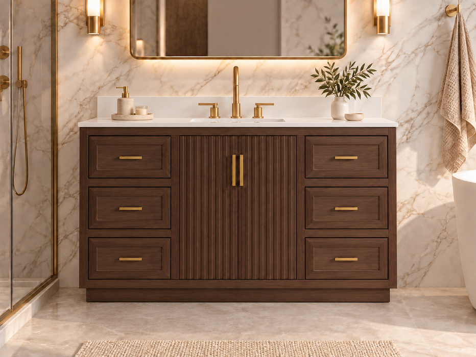 Violet- 54", Walnut , Solid Wood Floor Standing Bathroom Vanity, Quartz Countertop