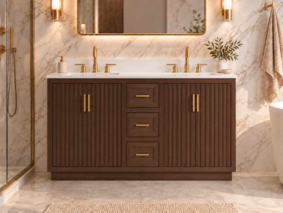 Violet - 60" Double Sink, Walnut ,Solid Wood Floor Standing Bathroom Vanity, Quartz Countertop