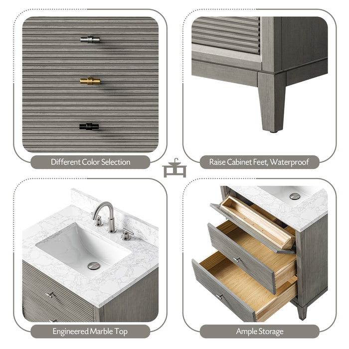 V-ART , 30" x 22" Drift Wood Grey Freestanding Bathroom Vanity with Marble Top