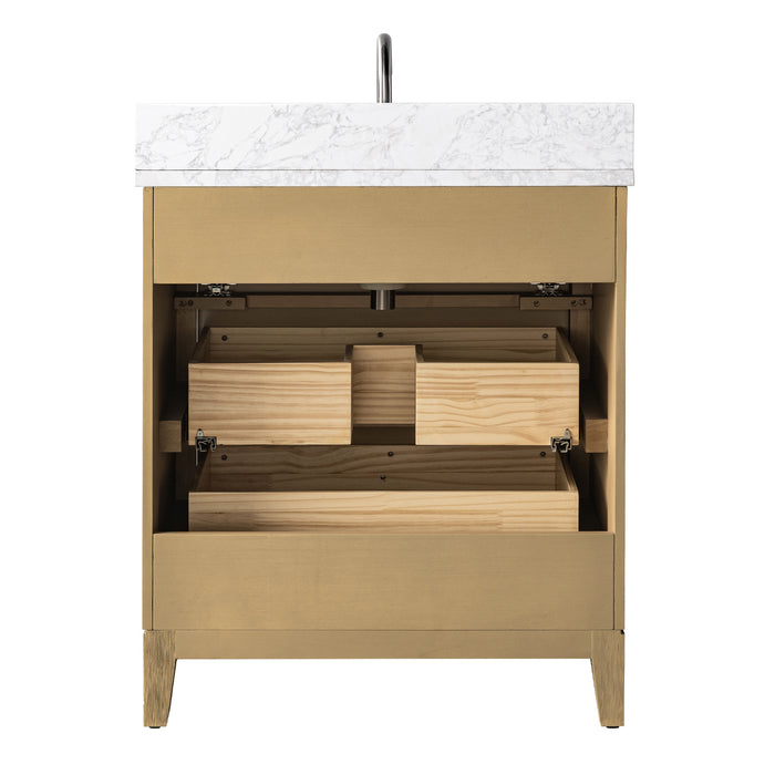 V-ART , 30" x 22" Natural Oak Freestanding Bathroom Vanity with Marble Top