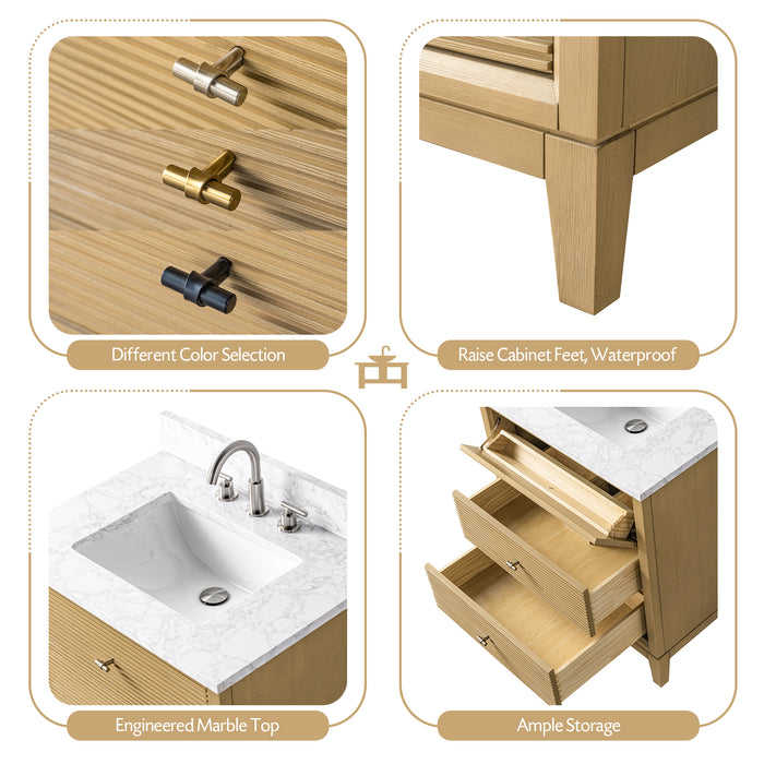 V-ART , 30" x 22" Natural Oak Freestanding Bathroom Vanity with Marble Top