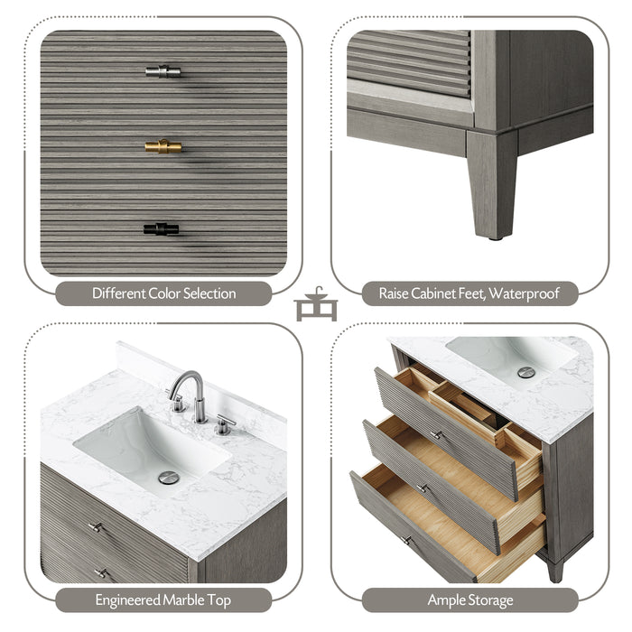 V-ART , 36" x 22" Drift Wood Grey Freestanding Bathroom Vanity with Marble Top