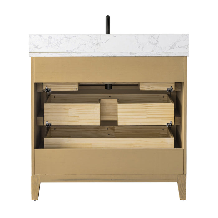 V-ART , 36" x 22" Natural Oak Freestanding Bathroom Vanity with Marble Top