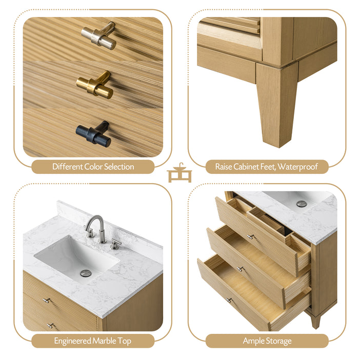 V-ART , 36" x 22" Natural Oak Freestanding Bathroom Vanity with Marble Top