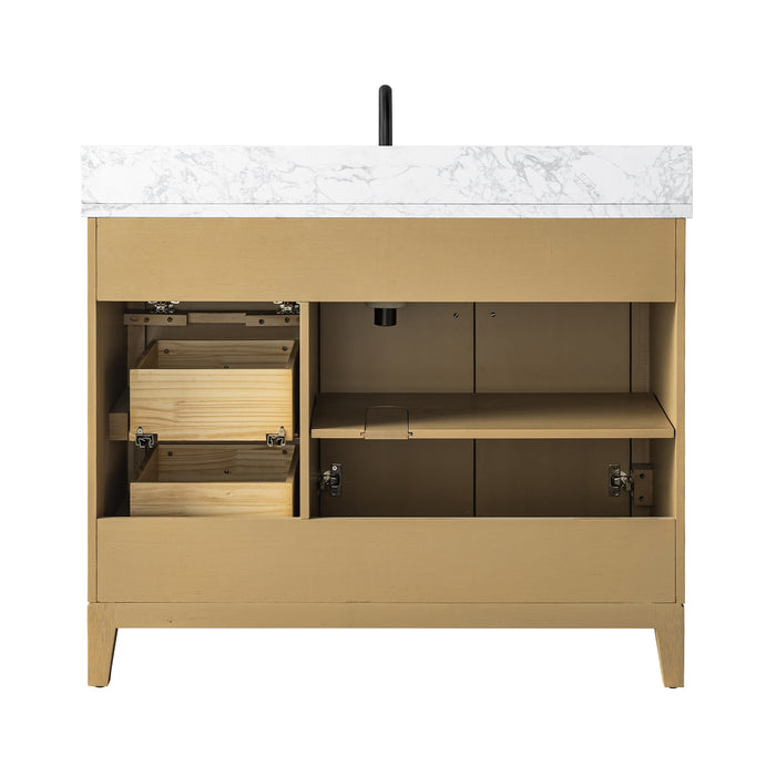 V-ART , 42" x 22" Natural Oak Freestanding Bathroom Vanity with Marble Top