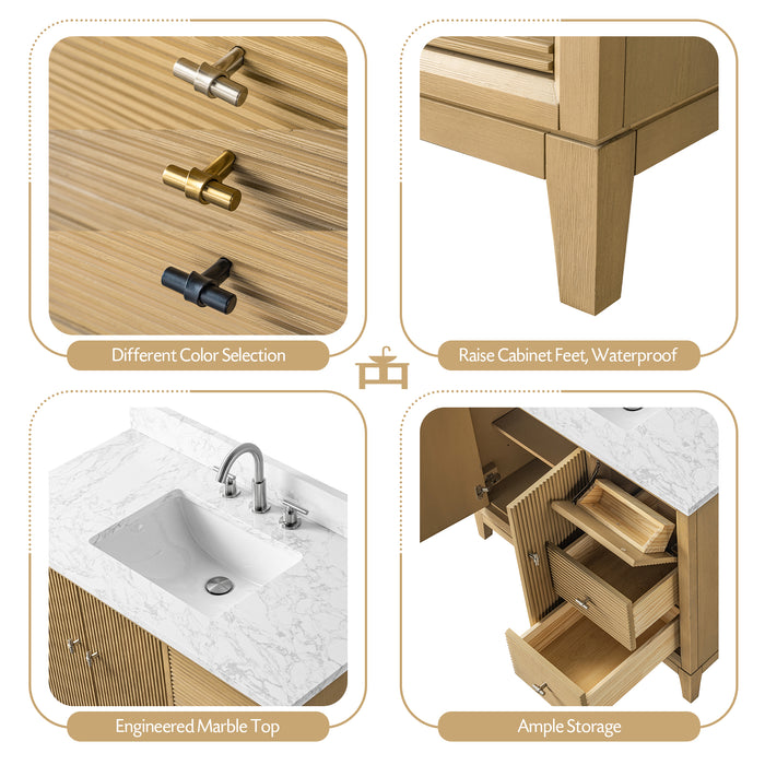 V-ART , 42" x 22" Natural Oak Freestanding Bathroom Vanity with Marble Top