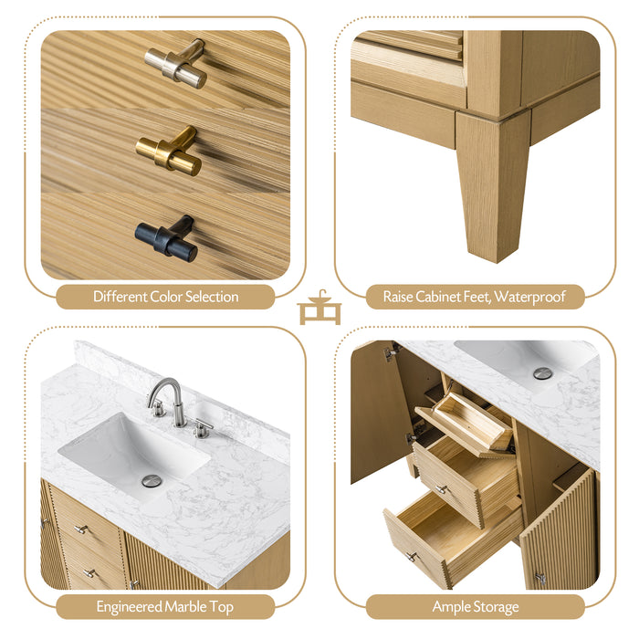 V-ART , 48" x 22" Natural Oak Freestanding Bathroom Vanity with Marble Top