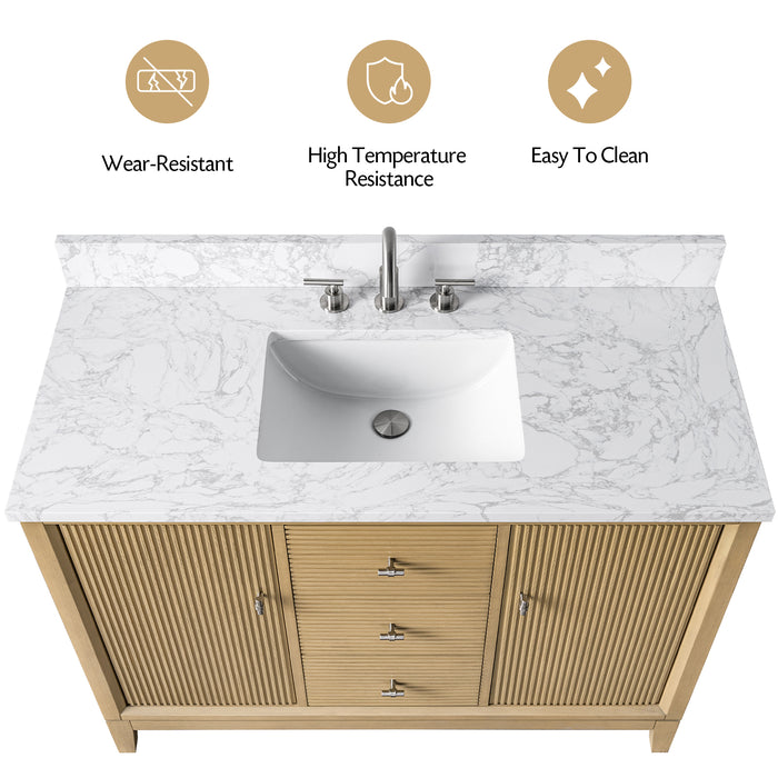 V-ART , 48" x 22" Natural Oak Freestanding Bathroom Vanity with Marble Top