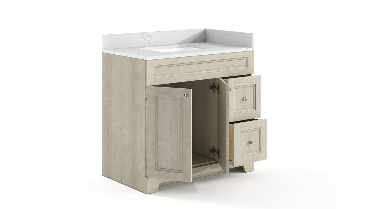 CLASSIC- 36" Solid wood Bathroom Vanity (6 COLORS AVAILABLE) With Quartz Countertop /  Right Side Drawers - Construction Commodities Supply Inc.