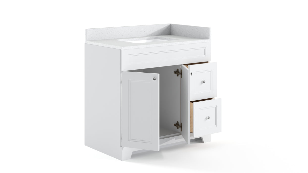 CLASSIC- 36" Solid wood Bathroom Vanity (6 COLORS AVAILABLE) With Quartz Countertop /  Right Side Drawers - Construction Commodities Supply Inc.