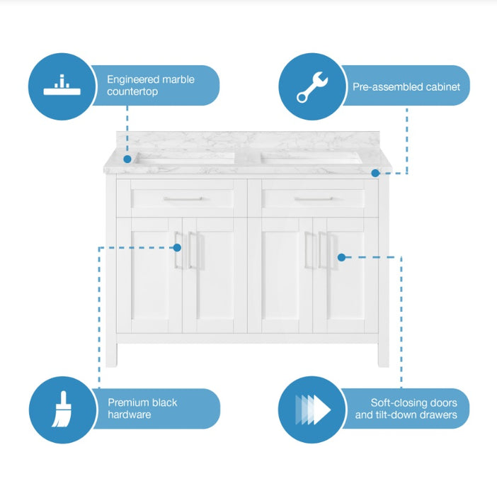 SIENA 48 Inch, Double Sink Solid Wood Bathroom Vanity with Carrera Marble Countertop, White