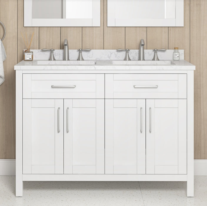 SIENA 48 Inch, Double Sink Solid Wood Bathroom Vanity with Carrera Marble Countertop, White