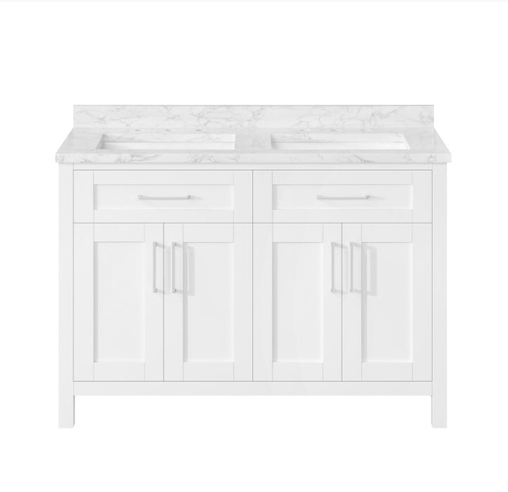 SIENA 48 Inch, Double Sink Solid Wood Bathroom Vanity with Carrera Marble Countertop, White