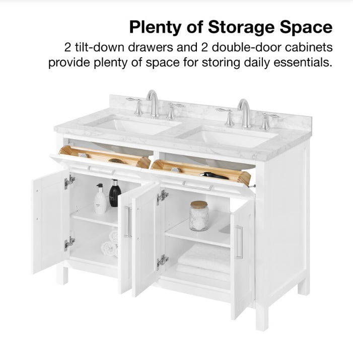 SIENA 48 Inch, Double Sink Solid Wood Bathroom Vanity with Carrera Marble Countertop, White