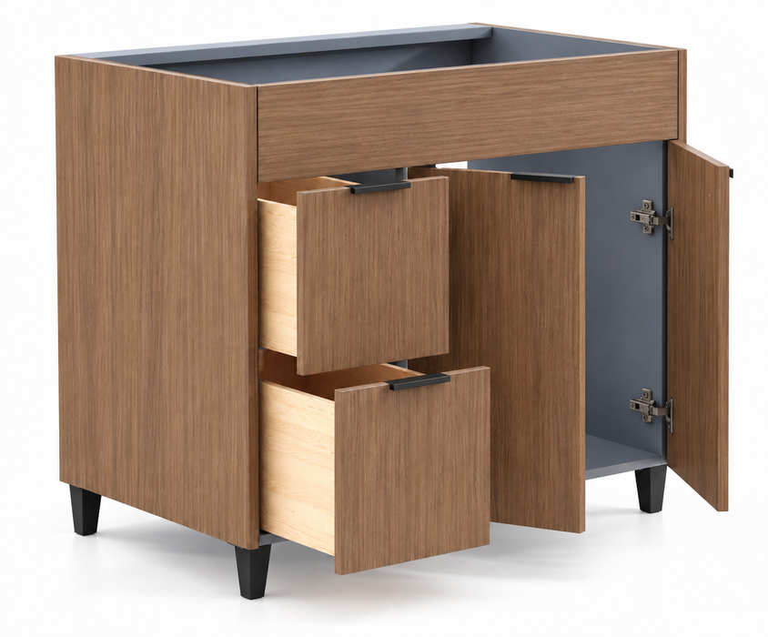 MILANO 42 Inch Light Walnut Bathroom Vanity with Quartz Countertop, Left Side Drawers - Construction Commodities Supply Inc.