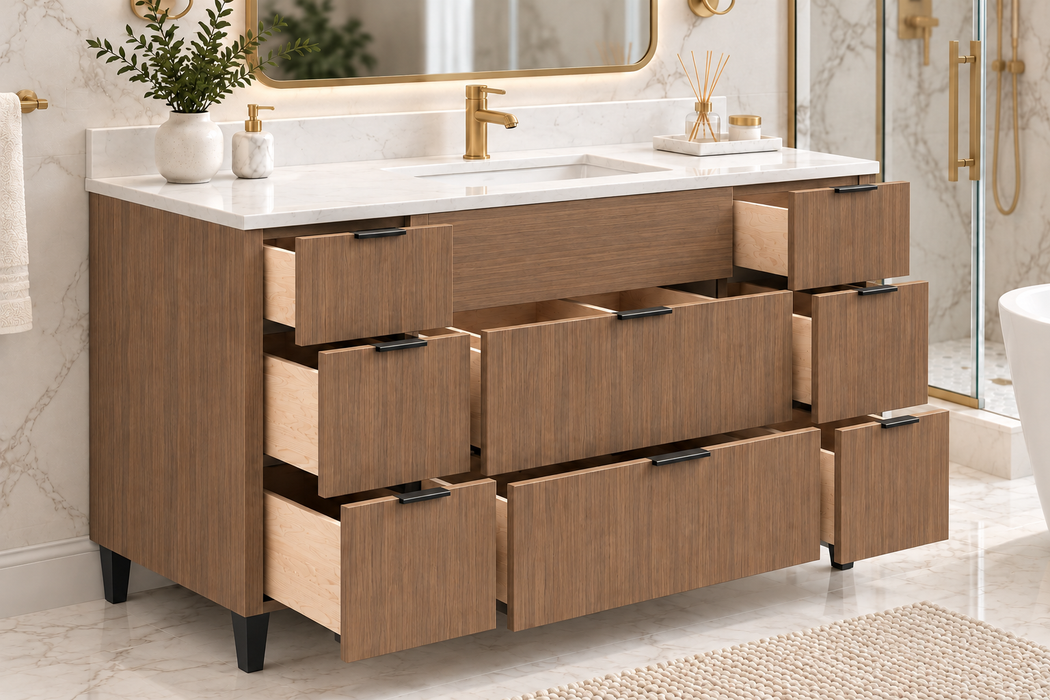 Milano 48 Inch Light Walnut Bathroom Vanity with Quartz Countertop, 8 Drawers